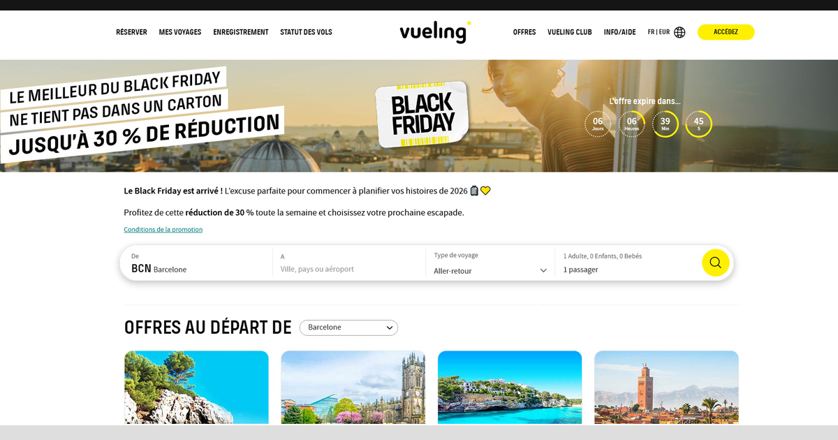Jusqu’à -30 % sur vos prochains vols avec le Black Friday Vueling